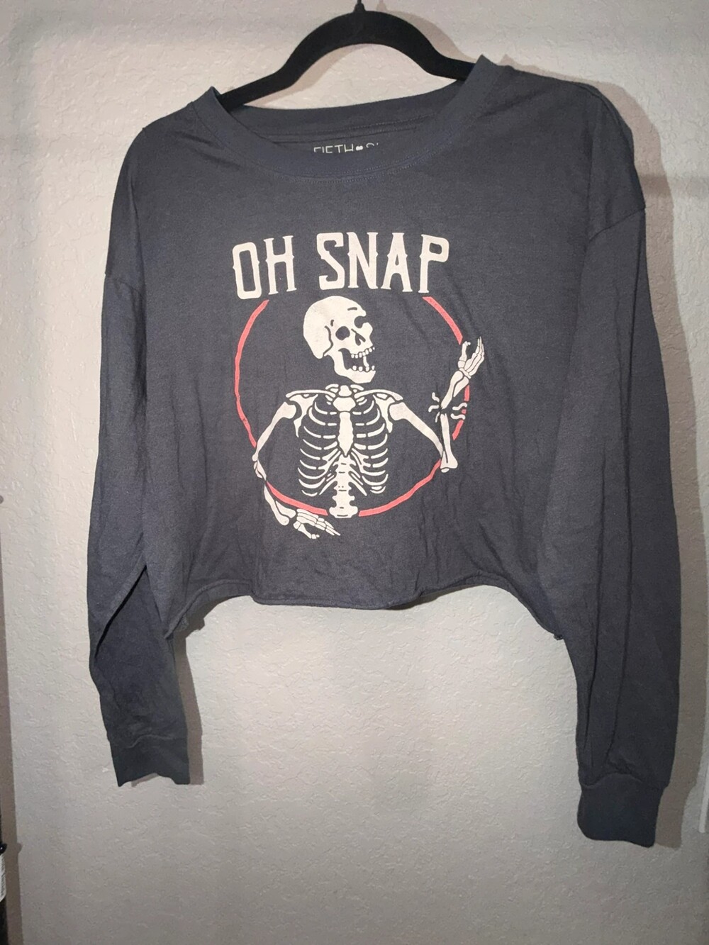Fifth Sun "Oh Snap" Skeleton Crop Long Sleeve Top - Gray, Size L